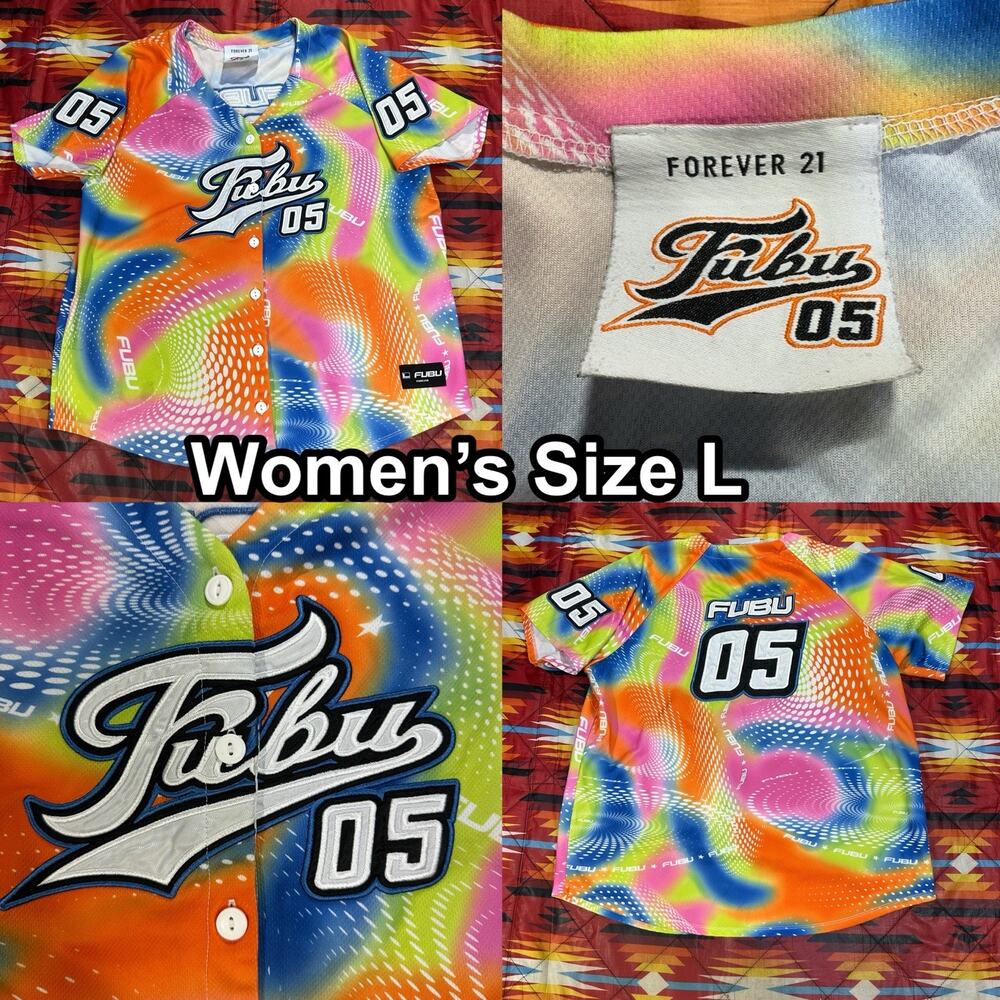 Fubu 05 Forever 21 Women's Large Baseball Jersey Stitched Logo Tie-Dye Vibrant